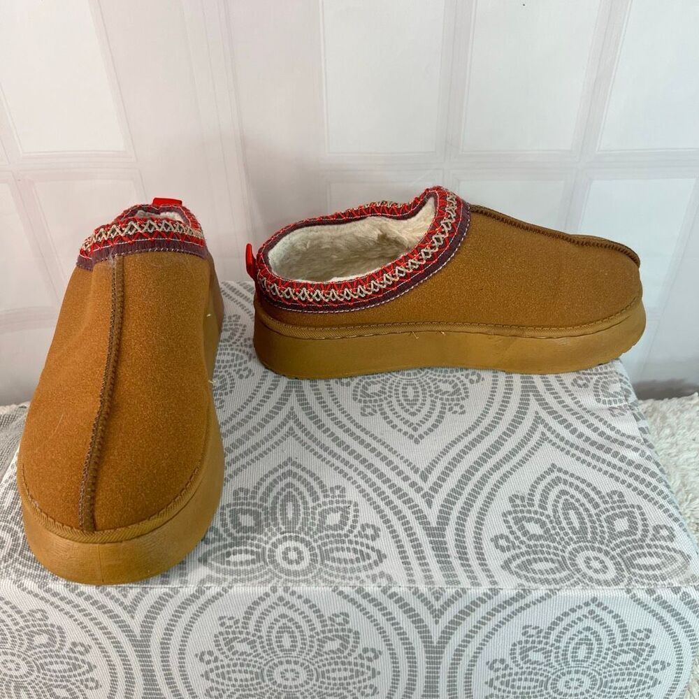 Brown Faux Suede Aztec Embroidered Faux Fur Lined Slip On Platform Clogs Size 41